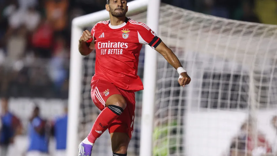 Benfica's Greek forward #14 Vangelis Pavlidis celebrates after scoring a goal from the penalty spot during the Portuguese league football match between CF Estrela da Amadora and SL Benfica at Jose Gomes stadium in Amadora on August 16, 2025. (Photo by FIL