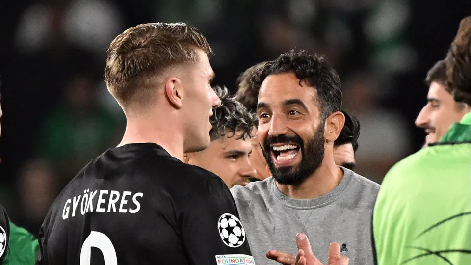 Sporting Lisbon manager Ruben Amorim and Viktor Gyokeres after the final whistle of the UEFA Champions League, league stage match at the Estadio Jose Alvalade, in Lisbon, Portugal. Picture date: Tuesday November 5, 2024. (Photo by Zed Jameson/PA Images vi