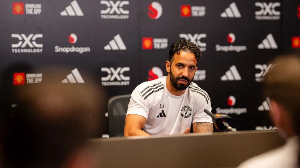 MANCHESTER, ENGLAND - AUGUST 15: (EXCLUSIVE COVERAGE) Head Coach Ruben Amorim of Manchester United speaks during a press conference at Carrington Training Ground on August 15, 2025 in Manchester, England. (Photo by Ash Donelon/Manchester United via Getty 
