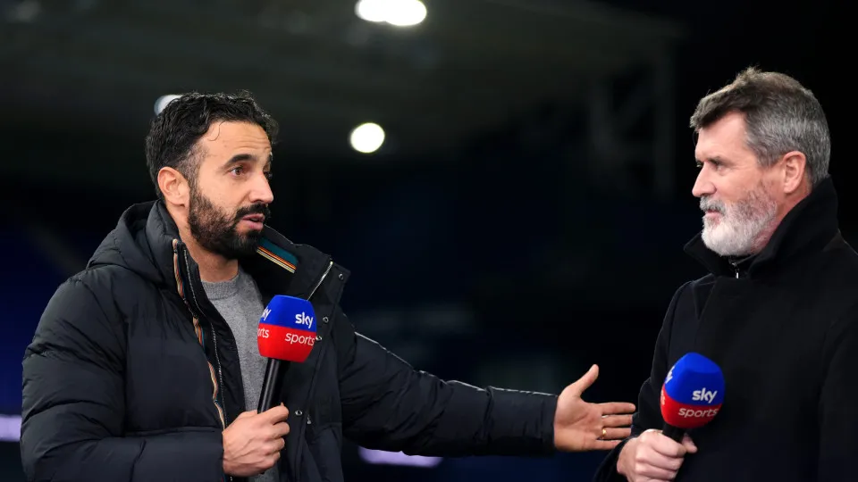 Manchester United manager Ruben Amorim (left) is interviewed by Sky sports roy Keane following the Premier League match at Portman Road, Ipswich. Picture date: Sunday November 24, 2024. (Photo by Bradley Collyer/PA Images via Getty Images)