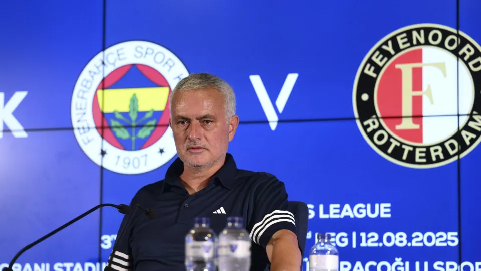 ISTANBUL, TURKIYE - AUGUST 12: Head coach Jose Mourinho of Fenerbahce speaks during a press conference after the UEFA Champions League third qualifying round second-leg football match between Fenerbahce and Feyenoord at Chobani Stadium in Istanbul, Turkiy