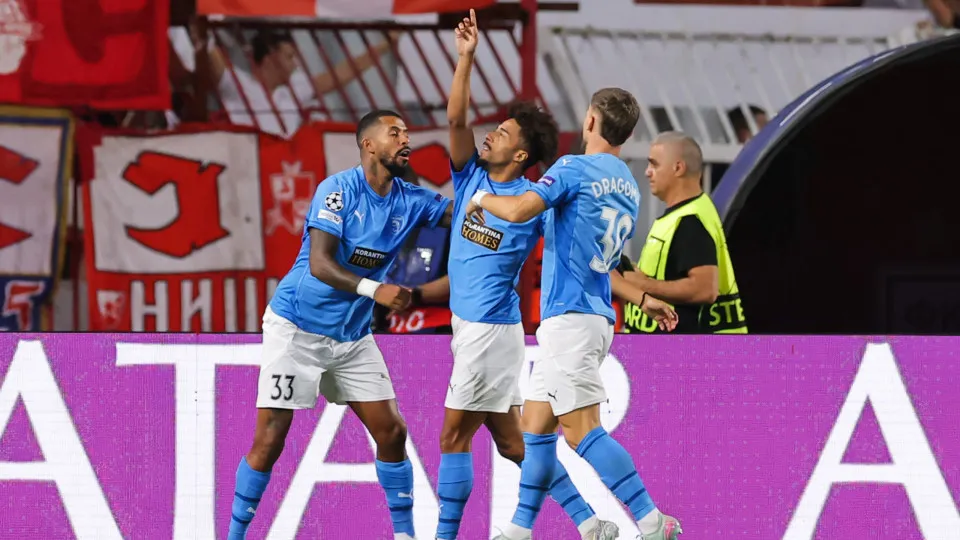 BELGRADE, SERBIA - AUGUST 19: Joao Correia (C) of Pafos celebrates with teammates after scoring the goal during the UEFA Champions League Qualifying Play Offs Round match between Crvena Zvezda and Pafos at Rajko Mitic Stadium on August 19, 2025 in Belgrad