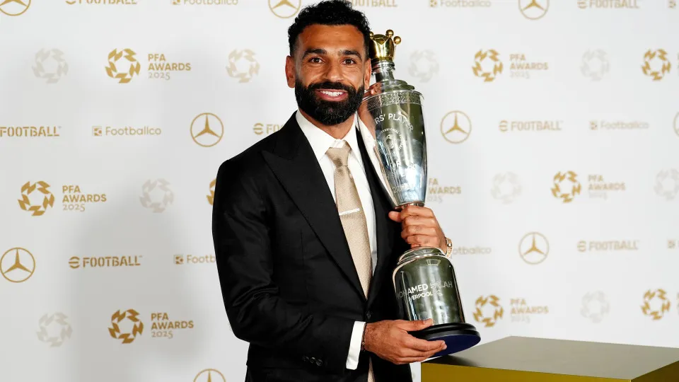 Mohamed Salah with his PFA Players' Player of the Year Award during the PFA Awards 2025 at Manchester Opera House. Picture date: Tuesday August 19, 2025. (Photo by Martin Rickett/PA Images via Getty Images)