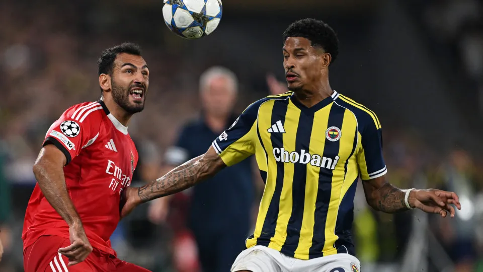 Benfica's Greek forward #14 Vangelis Pavlidis (L) fights for the ball with Fenerbahce's Dutch defender #24 Jayden Oosterwolde during the UEFA Champions League play off first leg football match between Fenerbahce (TUR) and Benfica (POR) at the Fenerbahce S