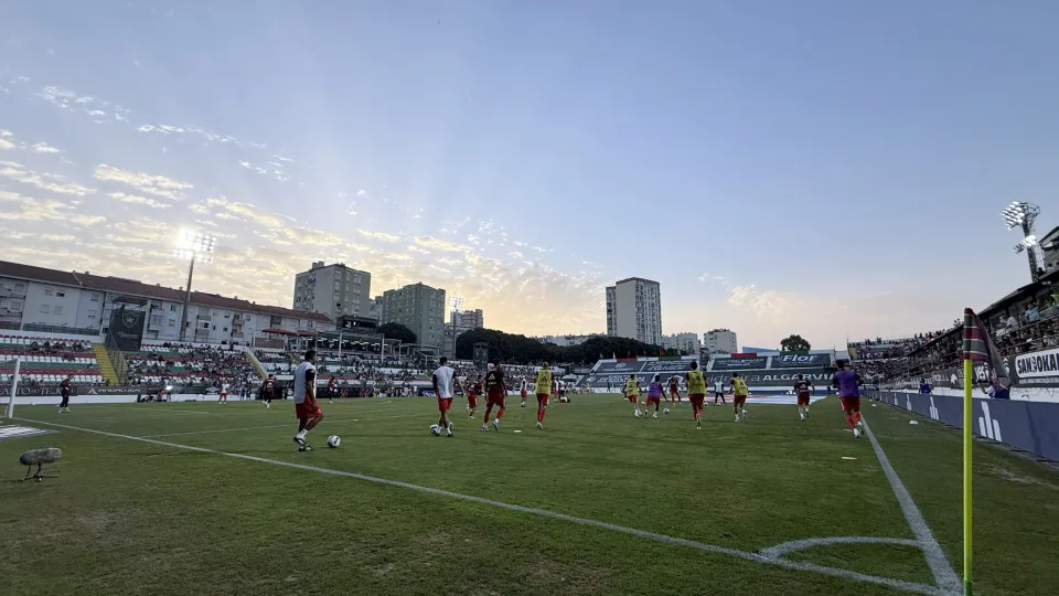 AMADORA, PORTUGAL - AUGUST 16: Panoramic view of Estadio Jose Gomes during SL Benfica warm up before the start of Liga Portugal Betclic match between CF Estrela da Amadora and SL Benfica at Estadio Jose Gomes on August 16, 2025 in Amadora, Portugal. (Phot