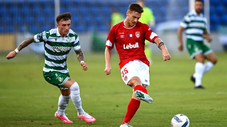 Ponta Delgada , Portugal - 21 August 2025; Serginho of CD Santa Clara in action against Danny Grant of Shamrock Rovers during the UEFA Conference League Play-off Round first leg match between CD Santa Clara and Shamrock Rovers FC at the Estadio de São Mig
