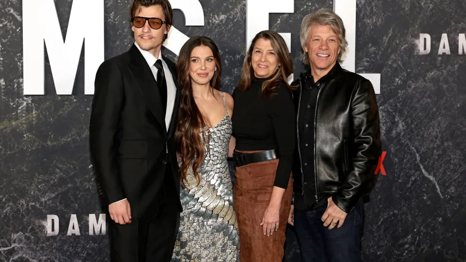 NEW YORK, NEW YORK - MARCH 01: (L-R) Jake Bongiovi, Millie Bobby Brown, Dorothea Hurley, and Jon Bon Jovi attend the Damsel World Premiere at The Plaza on March 01, 2024 in New York City. (Photo by Dimitrios Kambouris/Getty Images for Netflix)