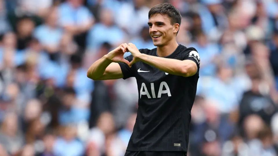 MANCHESTER, ENGLAND - AUGUST 23: Joao Palhinha of Tottenham Hotspur celebrates scoring his team's second goal during the Premier League match between Manchester City and Tottenham Hotspur at Etihad Stadium on August 23, 2025 in Manchester, England. (Photo