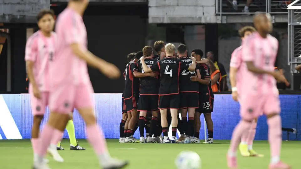 WASHINGTON, DC - AUGUST 23: Jackson Hopkins #25 of D.C. United celebrates with teammates after scoring the team's first goal   during the MLS match between D.C. United and Inter Miami CF at Audi Field on August 23, 2025 in Washington, DC. (Photo by Hannah