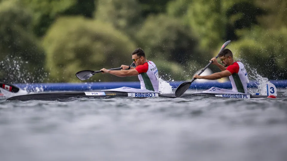 PARIS, FRANCE - AUGUST 9: Joao Ribeiro and Messias Baptista of Team Portugal compete during the Men's Kayak Double 500m Semifinal on day fourteen of the Olympic Games Paris 2024 at Vaires-Sur-Marne Nautical Stadium on August 9, 2024 in Paris, France. (Pho