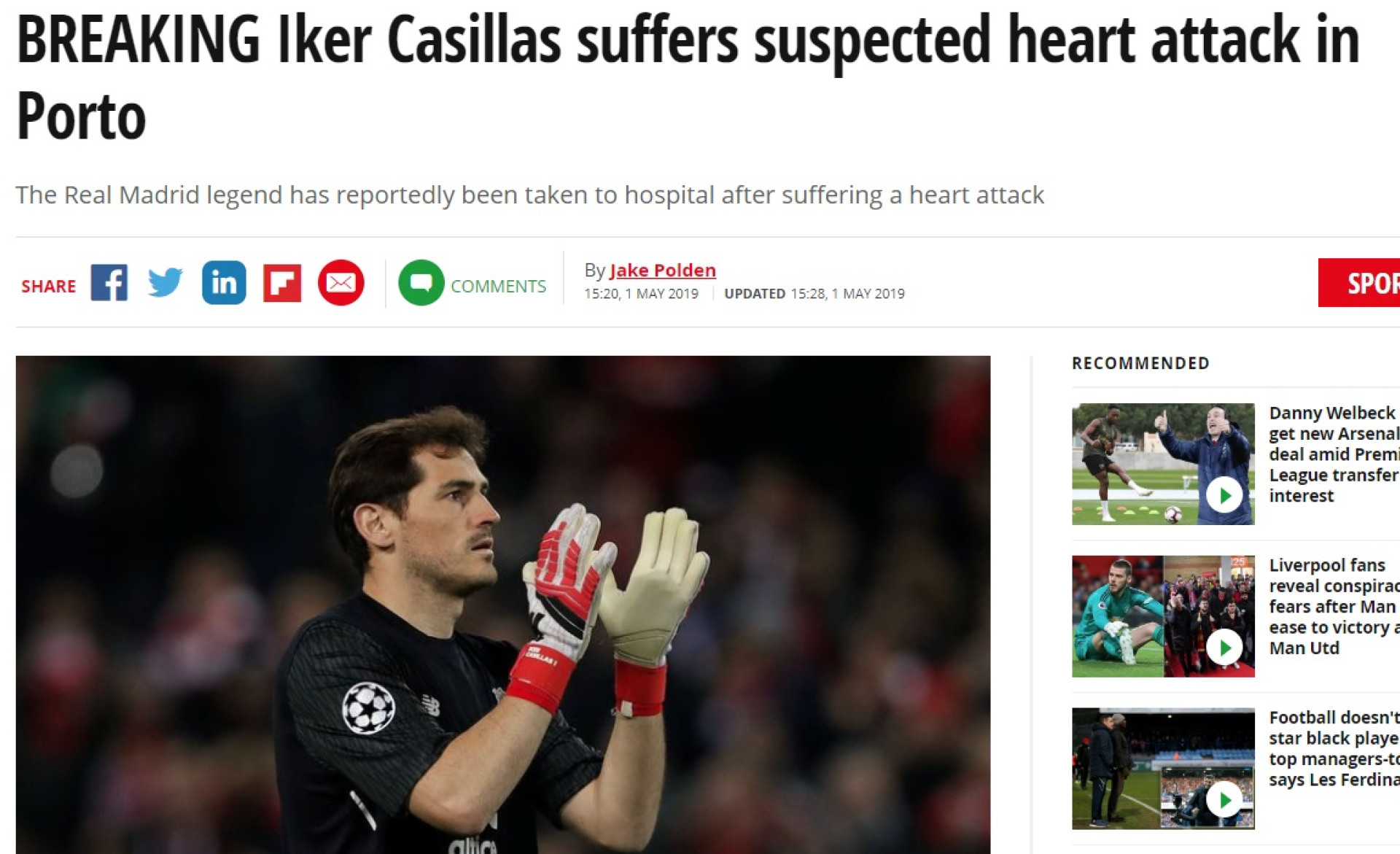 Imprensa internacional reage em peso a enfarte súbito de Iker Casillas
