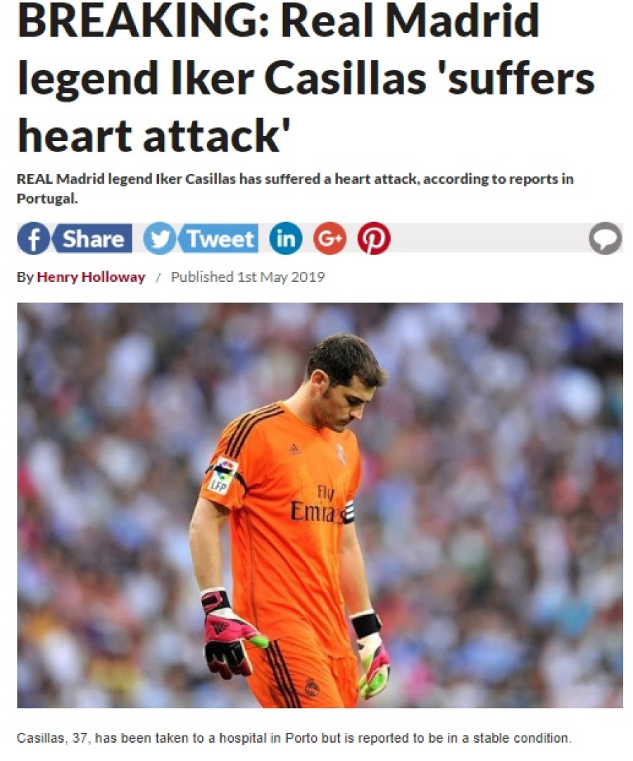 Imprensa internacional reage em peso a enfarte súbito de Iker Casillas